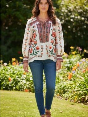 FARM Rio Cream Tunic with Coral and Green Floral Embroidery